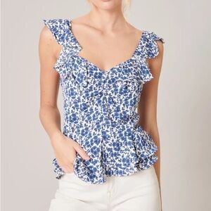 Sugarlips Alice Blue White Floral Ruffle Peplum Top Size Medium